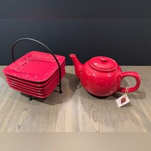 Red Ceramic Teapot and Red 6 Plate Set 6” with Caddy